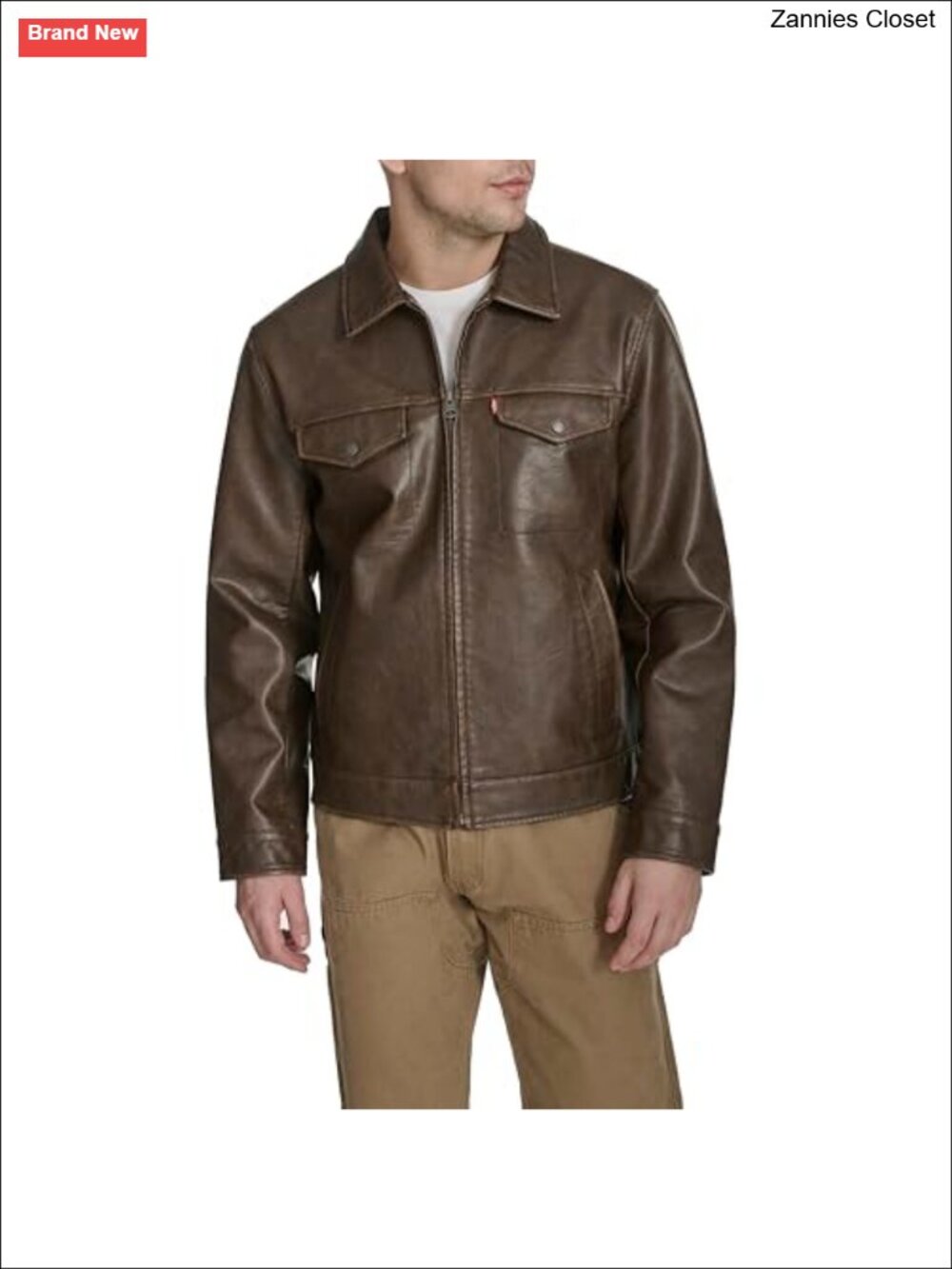Mens Faux Leather Trucker Jacket Zip Snap Pockets Layering